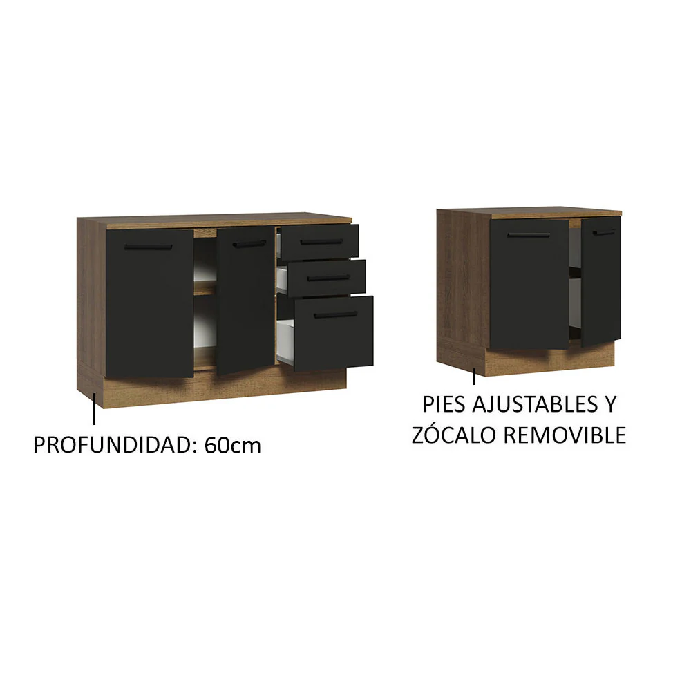Kit con 2 Bajo mesada Multiuso 4 Puertas 3 Cajones Marrón/Negro Agata Madesa - Image 4