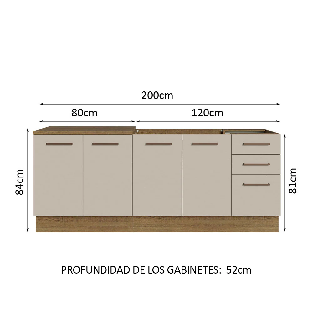 Kit Con 2 Bajo Mesada de Cocina 3 Cajones y 4 Puertas (Sin Tapa Ni Bacha de acero inoxidable) Marrón/Crema Agata Madesa - Image 3