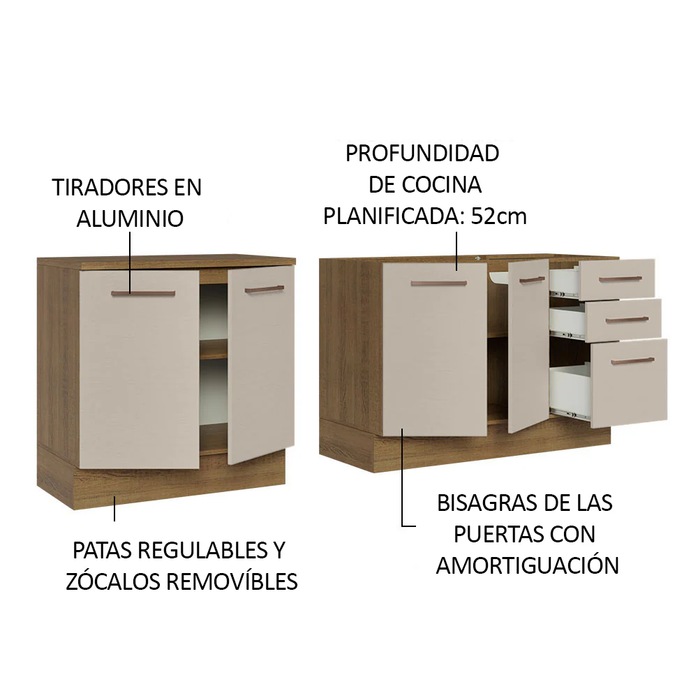 Kit Con 2 Bajo Mesada de Cocina 3 Cajones y 4 Puertas (Sin Tapa Ni Bacha de acero inoxidable) Marrón/Crema Agata Madesa - Image 4