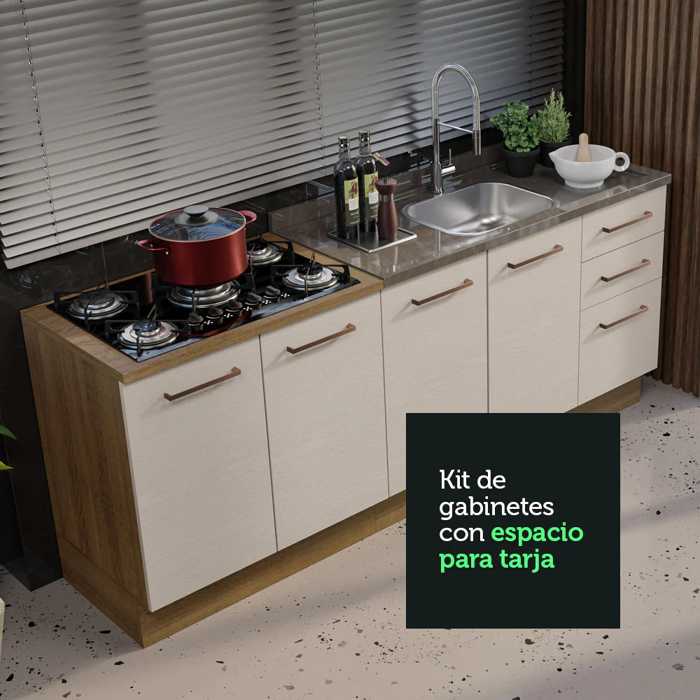 Kit Con 2 Bajo Mesada de Cocina 3 Cajones y 4 Puertas (Sin Tapa Ni Bacha de acero inoxidable) Marrón/Crema Agata Madesa - Image 6