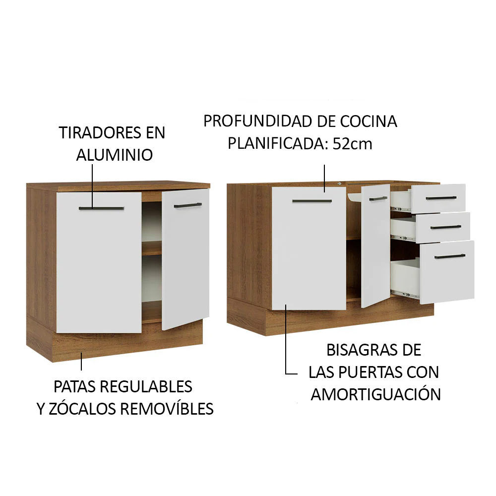 Kit Con 2 Bajo Mesada de Cocina Madesa Agata con 3 Cajones y 4 Puertas (Sin Tapa Ni Bacha) Marrón/Blanco - Image 5