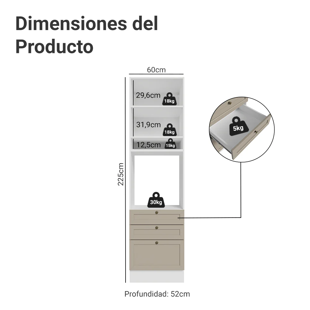 Mueble de cocina para Horno/Microondas 60 cm 1 Pueta 3 Cajones Blanco/Crema Vik Madesa - Image 2