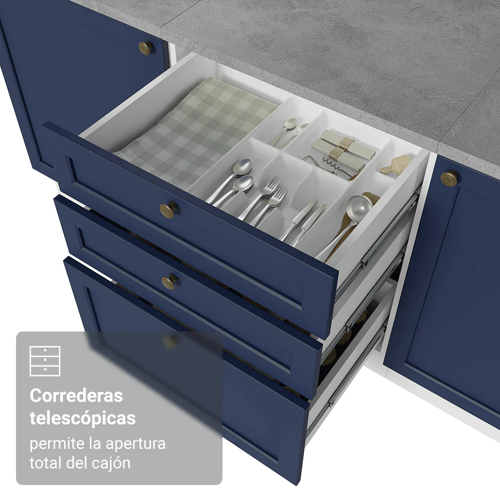 Mueble de cocina para Horno/ microondas 60 x 60 cm 1 Puerta 3 Cajones Blanco/Azul Vik Madesa - Image 7