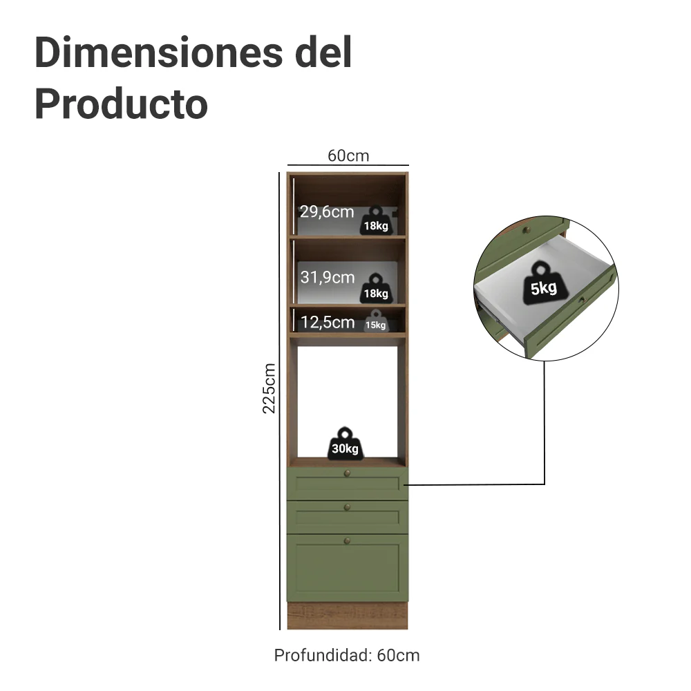 Mueble de cocina para Horno/ microondas 60 x 60 cm 1 Puerta 3 Cajones Marrón/Verde Vik Madesa - Image 2