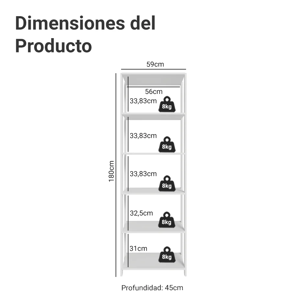Mueble/Estante de Oficina Multiusos, 59 cm, 5 Baldas, Blanco - Image 2