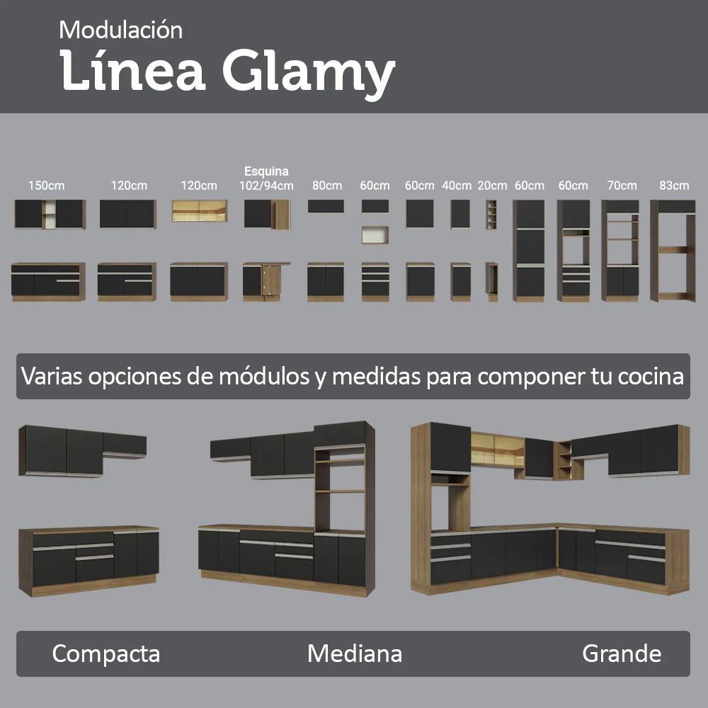Mueble para empotrar Heladera 83 cm 1 Puerta Rebatible Negro/Marrón/Negro Glamy Madesa - Image 8