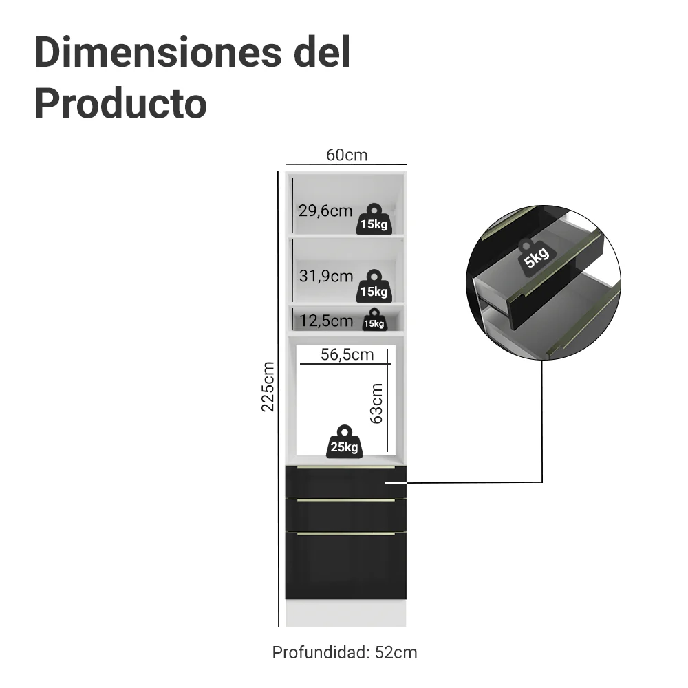 Mueble para Horno/Microondas 60 cm 1 Puerta y 3 Cajones Blanco/Negro Lux Madesa - Image 2