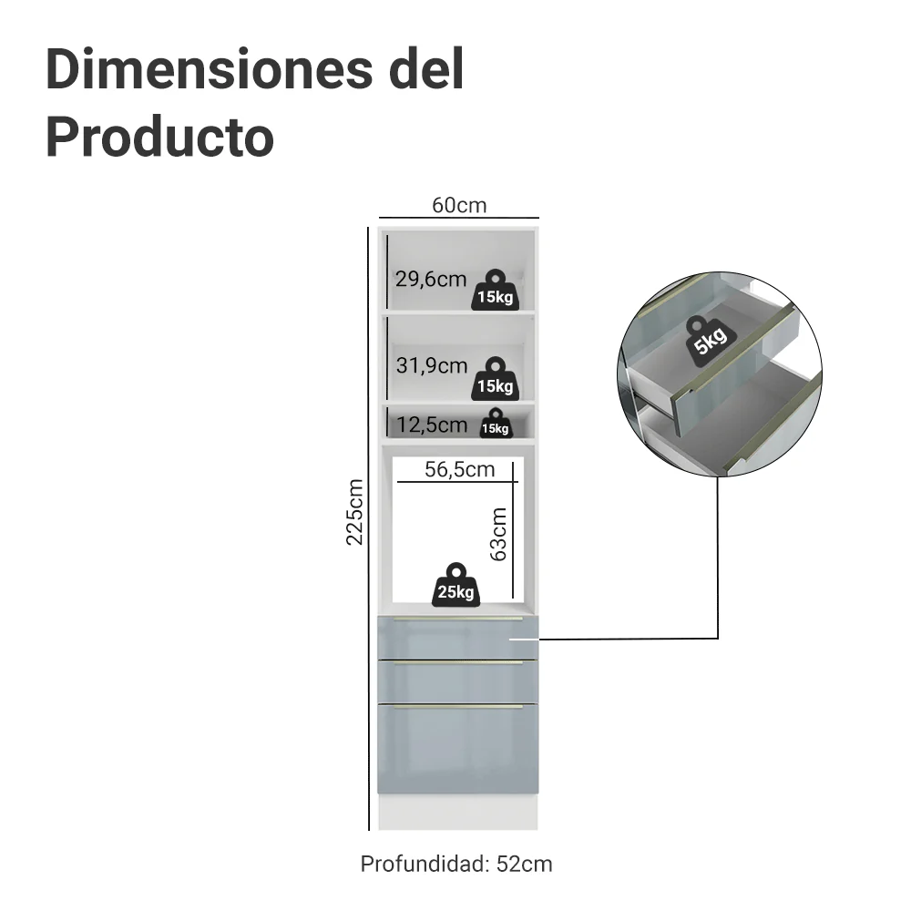 Mueble para Horno/Microondas 60 cm 1 Puerta y 3 Cajones Marrón/Gris Lux Madesa - Image 2