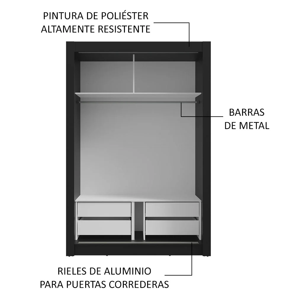 Placard 2 Puertas Corredizas con Espejo 4 Cajones Negro Vivare Plus - Image 6