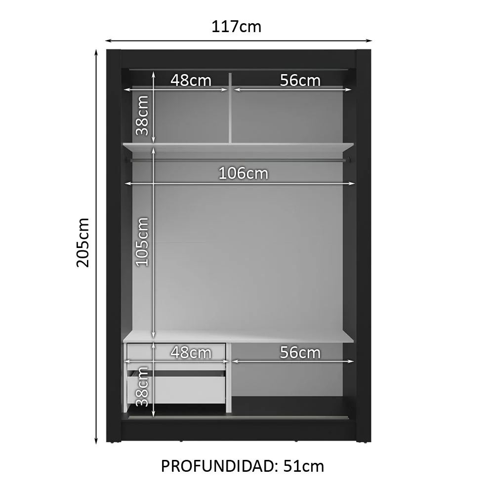 Placard 2 Puertas Corredizas con Espejos 2 Cajones Negro Vivare - Image 4