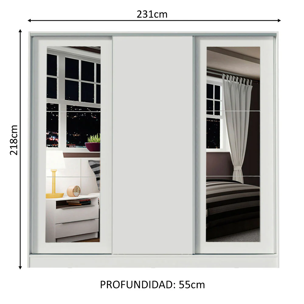 Placard Matrimonial 100% MDF 3 Puertas Corredizas con Espejos Blanco Eros - Image 2