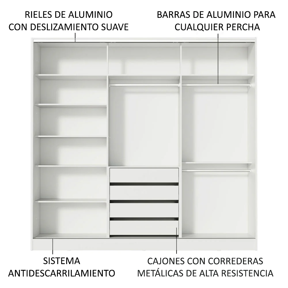 Placard Matrimonial 100% MDF Royale 3 Puertas Corredizas - Blanco - Image 5