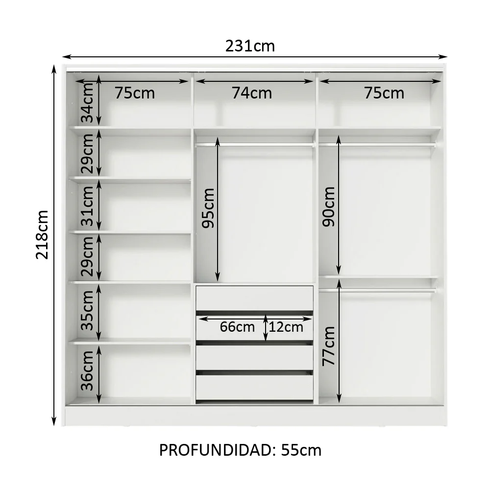 Placard Matrimonial 100% MDF Royale 3 Puertas Corredizas Blanco/Marrón/Blanco - Image 6