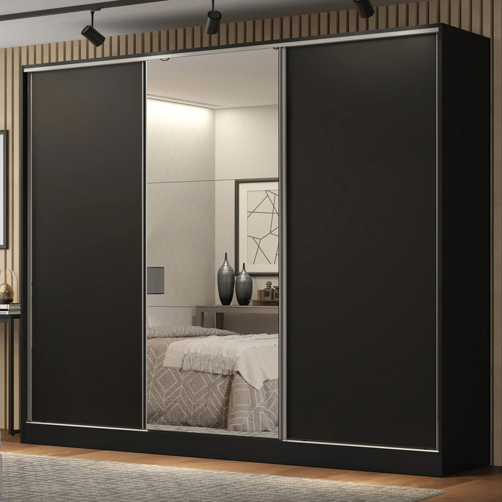 Placard Matrimonial 100% MDF Royale 3 Puertas Corredizas con Espejo Negro