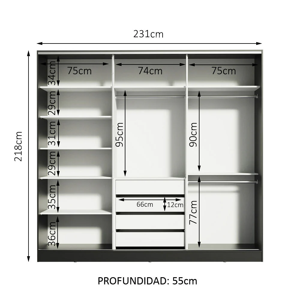 Placard Matrimonial 100% MDF Royale 3 Puertas Corredizas con Espejo Negro - Image 6