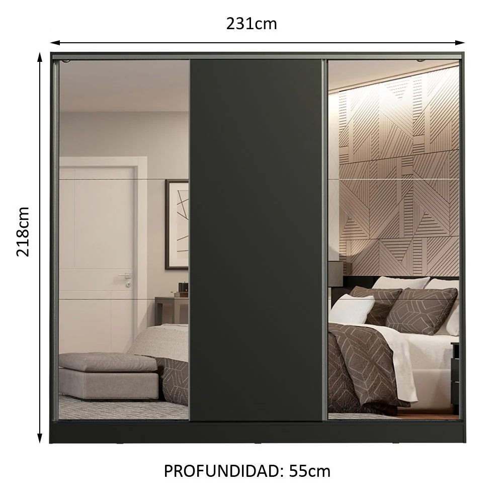 Placard Matrimonial 100% MDF Royale 3 Puertas Corredizas con Espejos Negro - Image 2