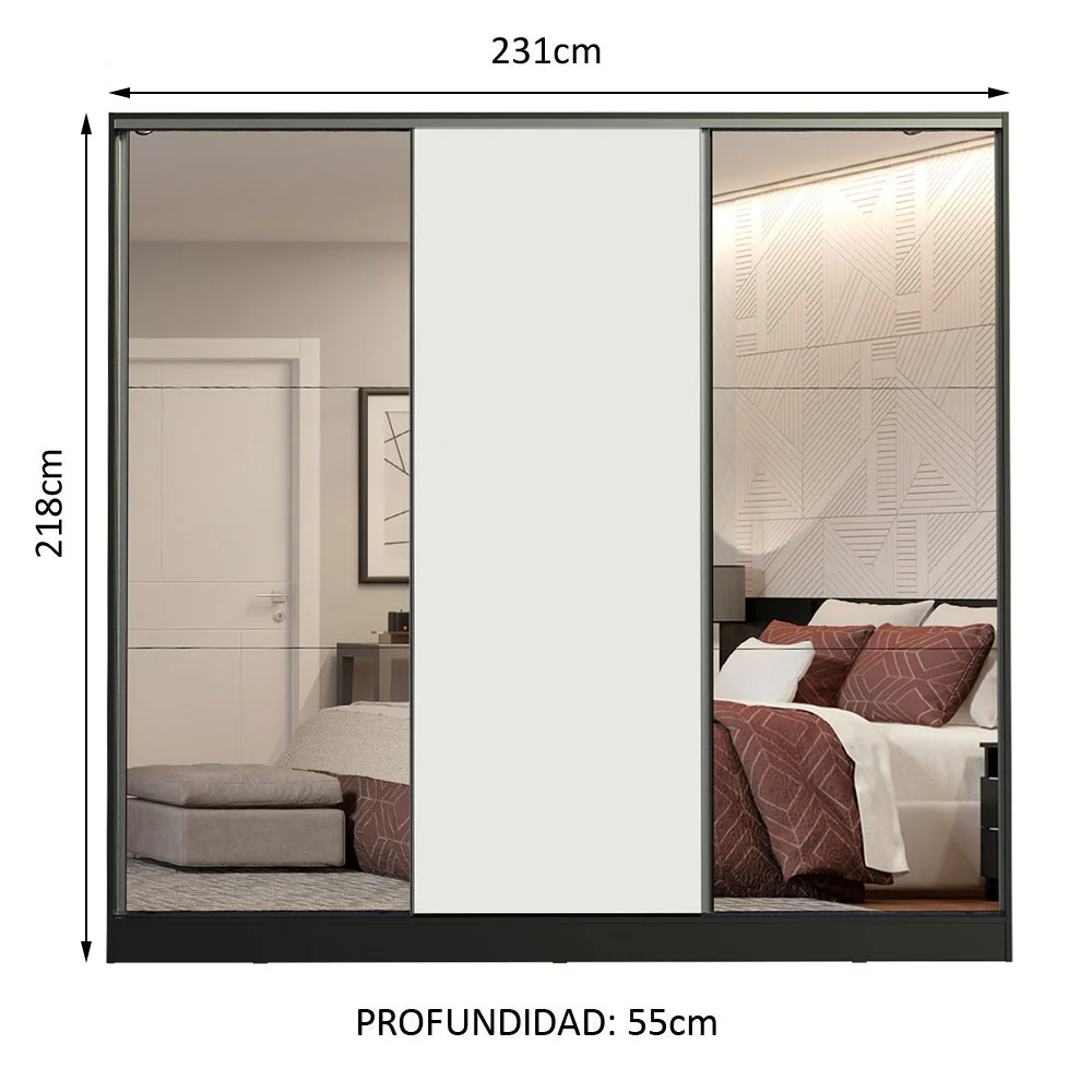Placard Matrimonial 100% MDF Royale 3 Puertas Corredizas con Espejos Negro/Blanco - Image 2
