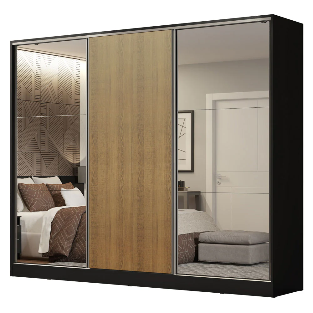 Placard Matrimonial 100% MDF Royale 3 Puertas Corredizas con Espejos Negro/Marrón - Image 3