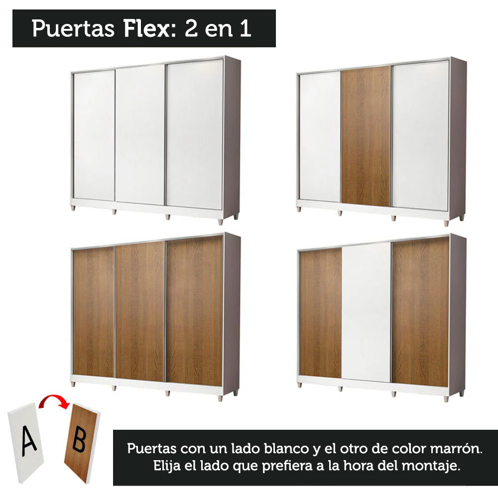 Placard Matrimonial 100% MDF Royale 3 Puertas Corredizas con Patas Blanco/Blanco/Marrón - Image 10