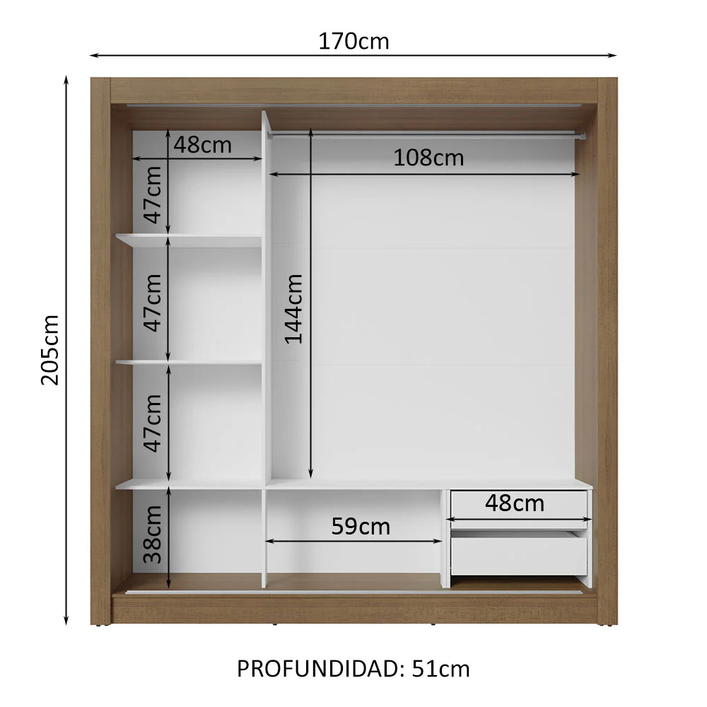 Placard Matrimonial 3 Puertas Corredizas con Espejo 2 Cajones Marrón/Blanco Sublime - Image 4