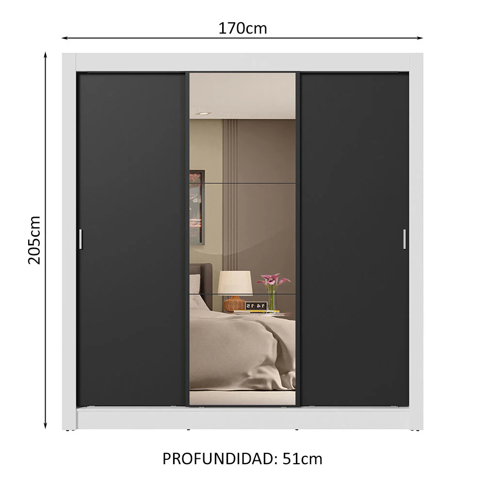 Placard Matrimonial 3 Puertas Corredizas con Espejo 4 Cajones Blanco/Negro Sublime Plus - Image 2