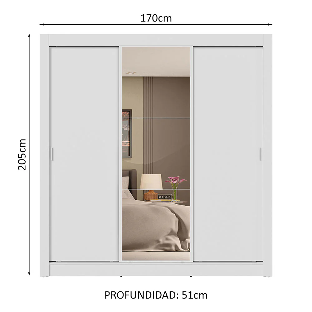Placard Matrimonial 3 Puertas Corredizas con Espejo 4 Cajones Blanco Sublime Plus - Image 2