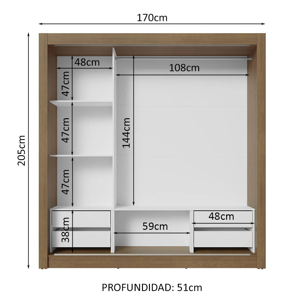 Placard Matrimonial 3 Puertas Corredizas con Espejo 4 Cajones Marrón/Blanco Sublime Plus - Image 4