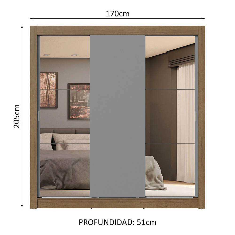 Placard Matrimonial 3 Puertas Corredizas con Espejo 4 Cajones Marrón/Gris Sublime Plus - Image 2