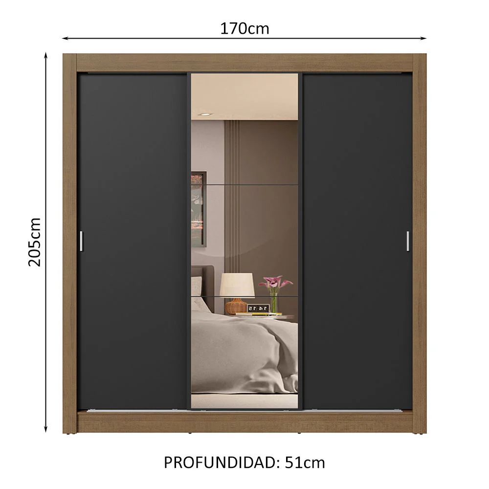 Placard Matrimonial 3 Puertas Corredizas con Espejo 4 Cajones Marrón/Negro Sublime Plus - Image 2