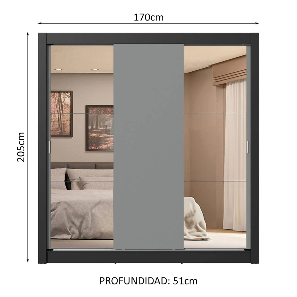 Placard Matrimonial 3 Puertas Corredizas con Espejo 4 Cajones Negro/Gris Sublime Plus - Image 2