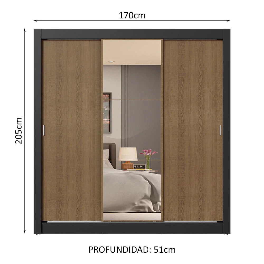 Placard Matrimonial 3 Puertas Corredizas con Espejo 4 Cajones Negro/Marrón Sublime Plus - Image 2