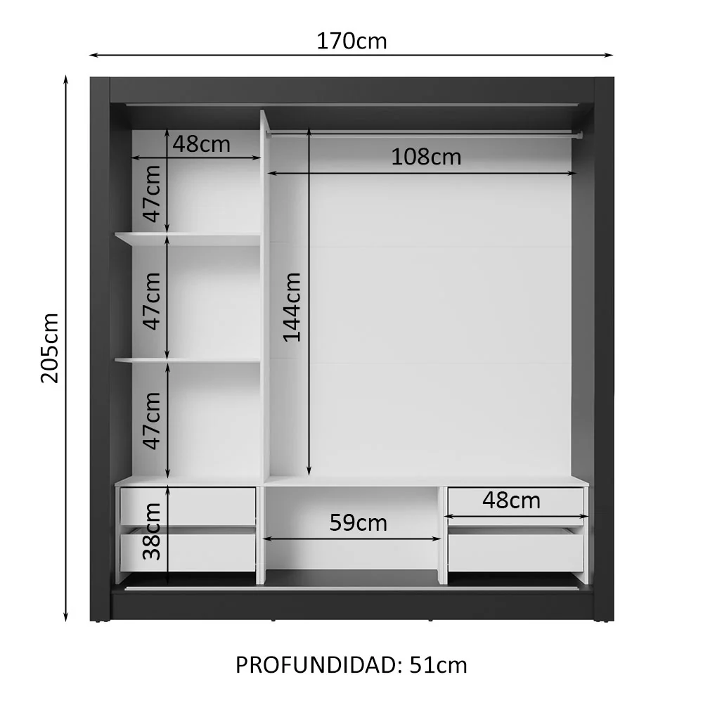 Placard Matrimonial 3 Puertas Corredizas con Espejo 4 Cajones Negro/Marrón Sublime Plus - Image 4
