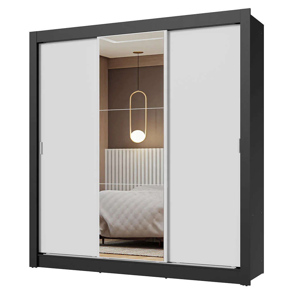 Placard Matrimonial 3 Puertas Corredizas con Espejo Negro/Blanco Nobre - Image 2