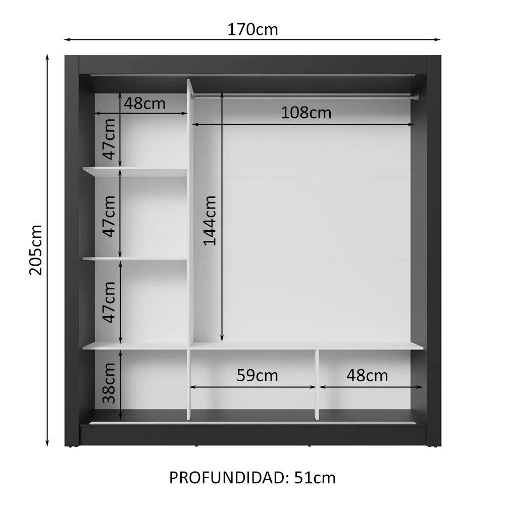 Placard Matrimonial 3 Puertas Corredizas con Espejo Negro/Blanco Nobre - Image 4