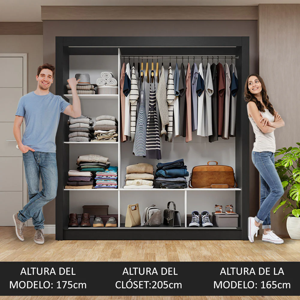 Placard Matrimonial 3 Puertas Corredizas con Espejo Negro/Blanco Nobre - Image 5