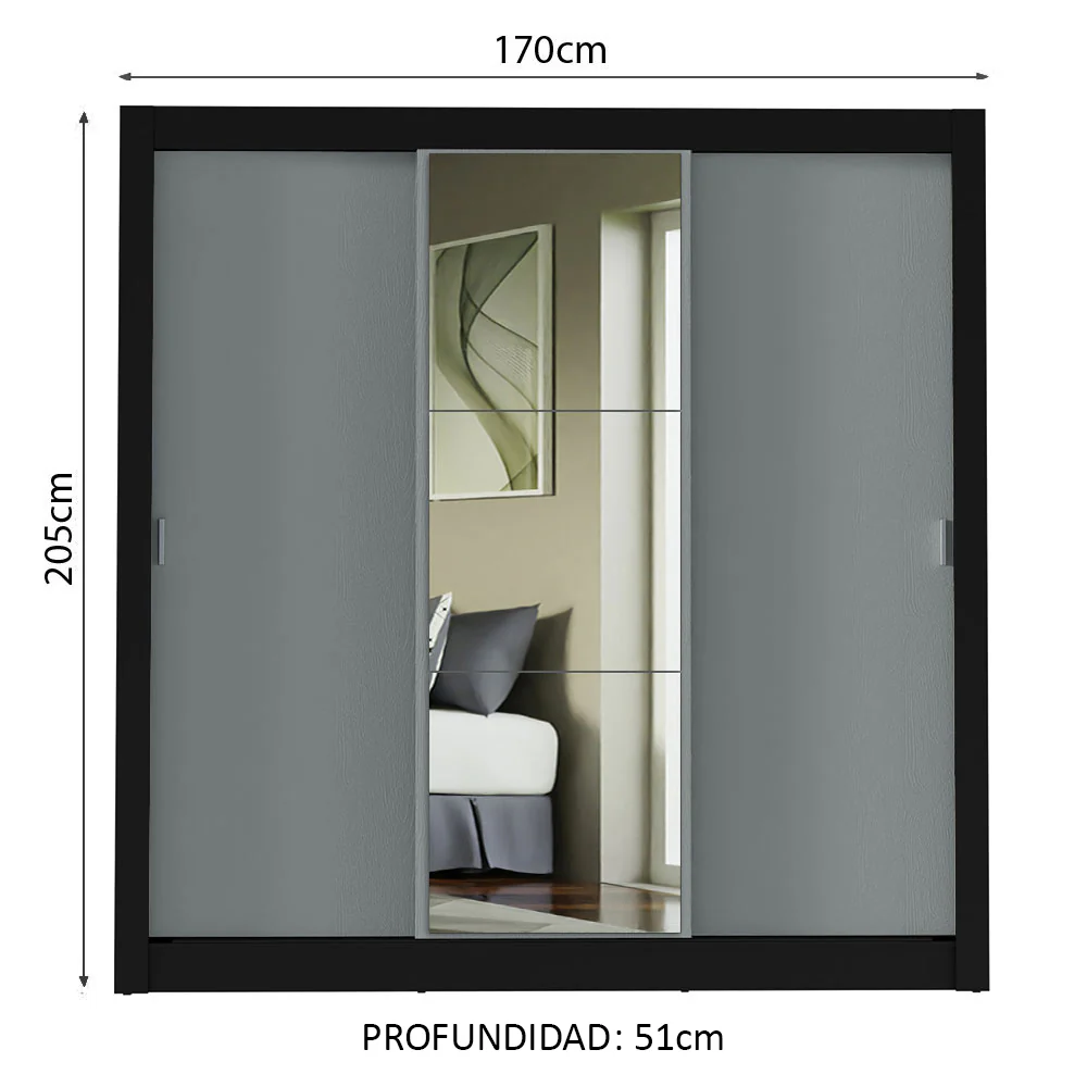 Placard Matrimonial 3 Puertas Corredizas con Espejo Negro/Gris Monaco - Image 2