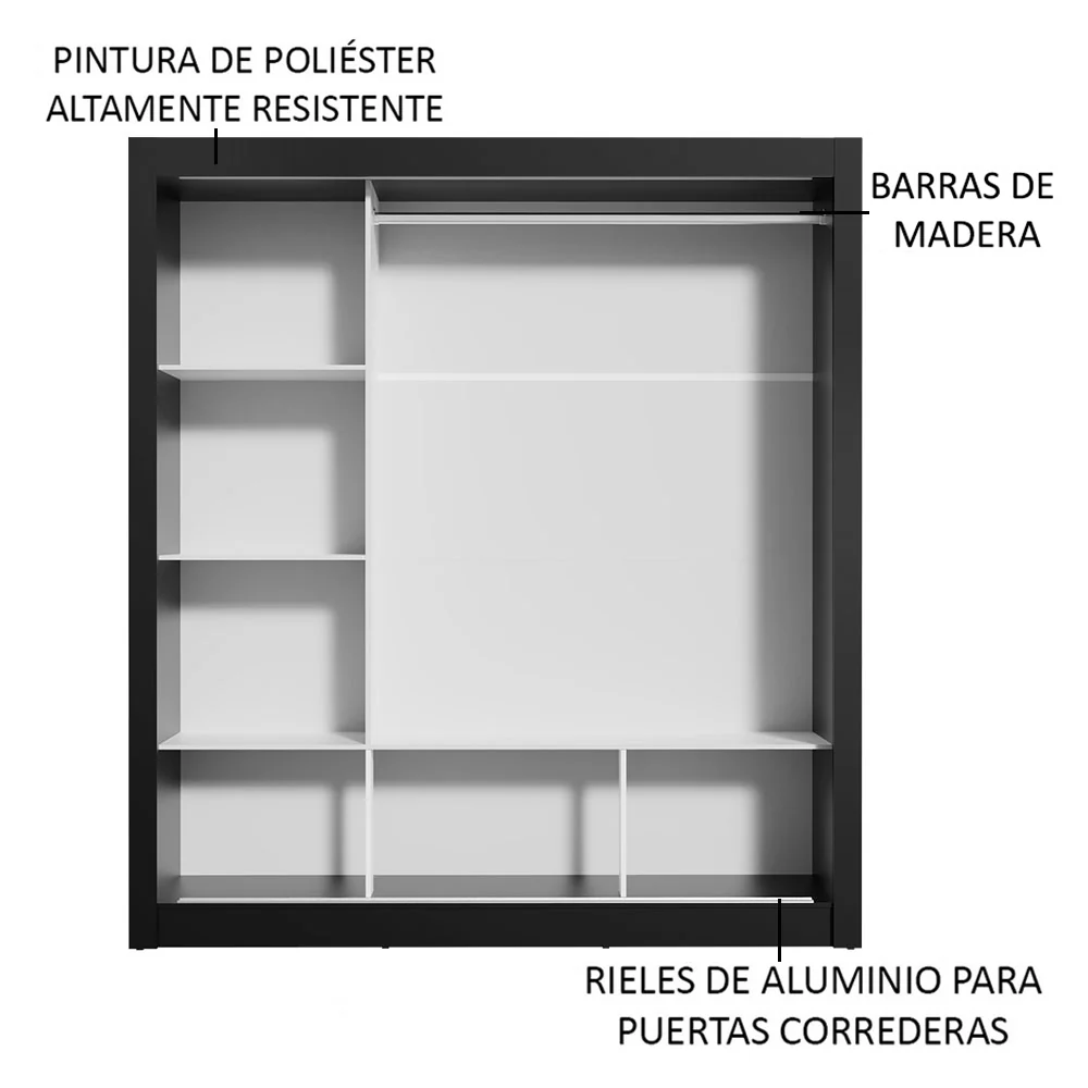 Placard Matrimonial 3 Puertas Corredizas con Espejo Negro/Gris Monaco - Image 6
