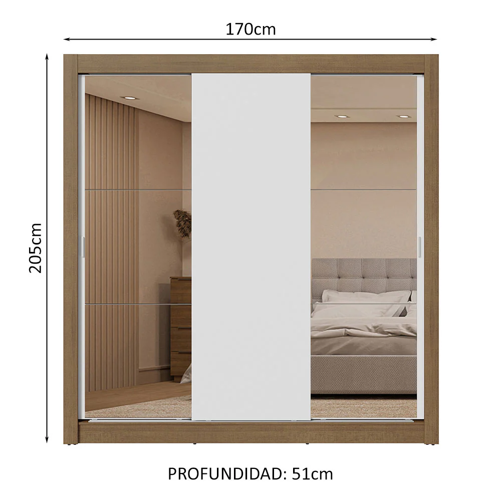 Placard Matrimonial 3 Puertas Corredizas con Espejos 2 Cajones Marrón/Blanco Sublime - Image 2