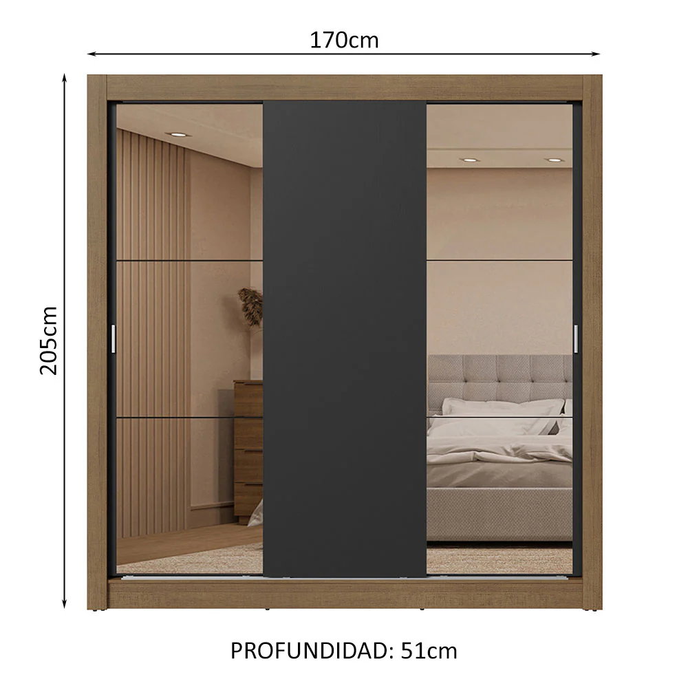 Placard Matrimonial 3 Puertas Corredizas con Espejos 2 Cajones Marrón/Negro Sublime - Image 2