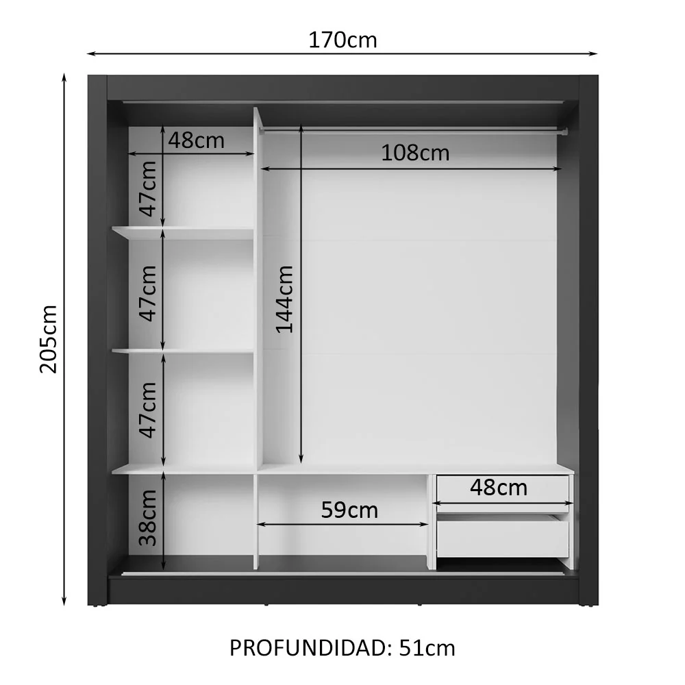 Placard Matrimonial 3 Puertas Corredizas con Espejos 2 Cajones Negro Sublime - Image 4