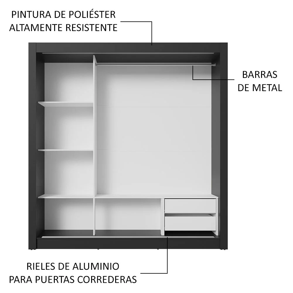 Placard Matrimonial 3 Puertas Corredizas con Espejos 2 Cajones Negro Sublime - Image 6