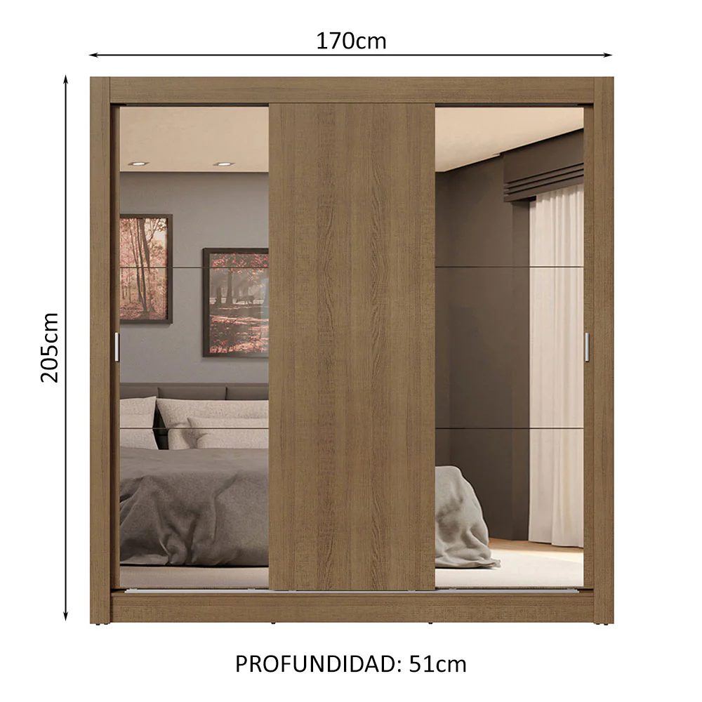 Placard Matrimonial 3 Puertas Corredizas con Espejos 4 Cajones Marrón Sublime Plus - Image 2