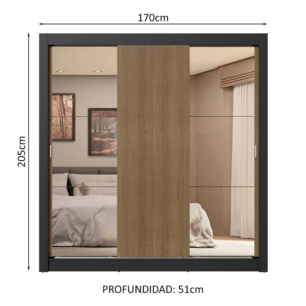 Placard Matrimonial 3 Puertas Corredizas con Espejos 4 Cajones Negro/Marrón Sublime Plus - Image 2