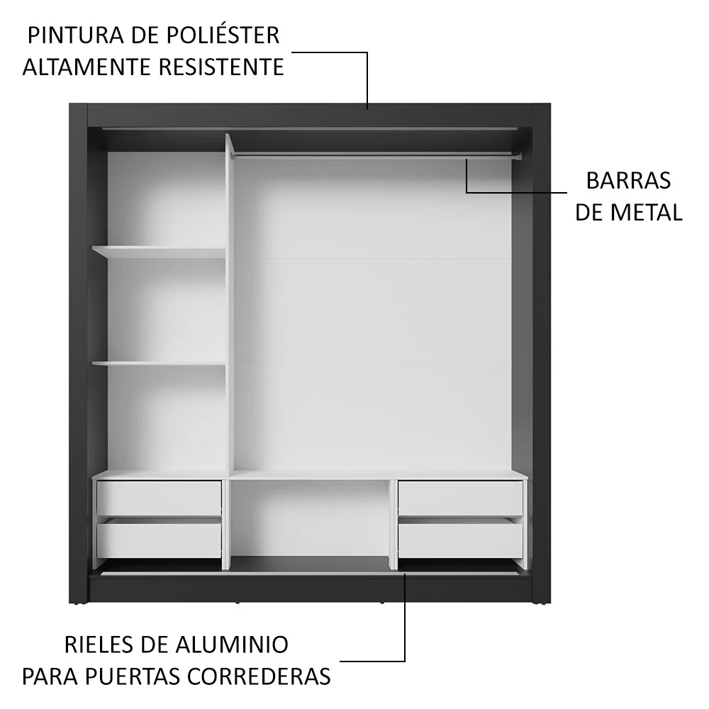 Placard Matrimonial 3 Puertas Corredizas con Espejos 4 Cajones Negro/Marrón Sublime Plus - Image 6