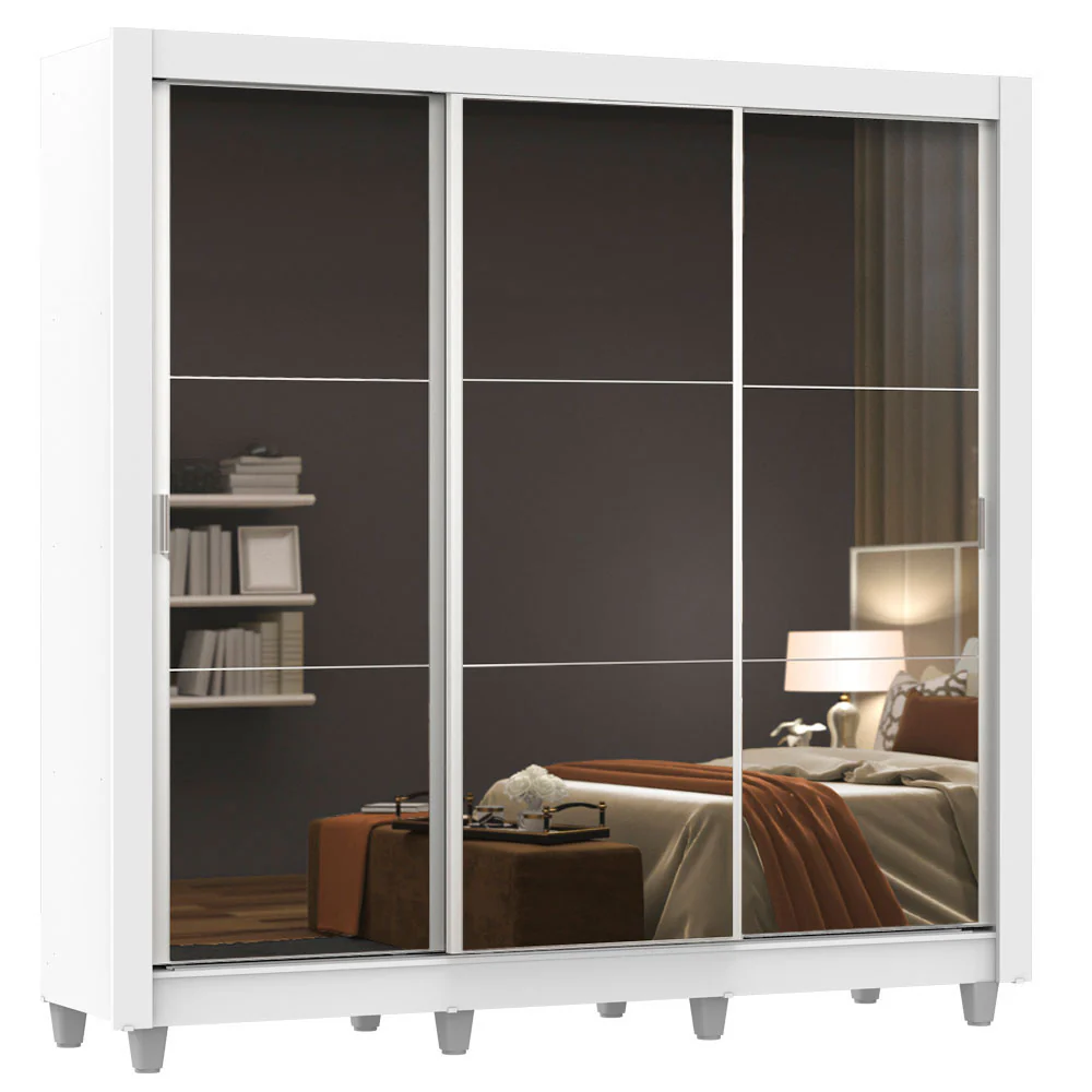 Placard Matrimonial 3 Puertas Corredizas con Espejos con Patas Blanco Monaco - Image 3