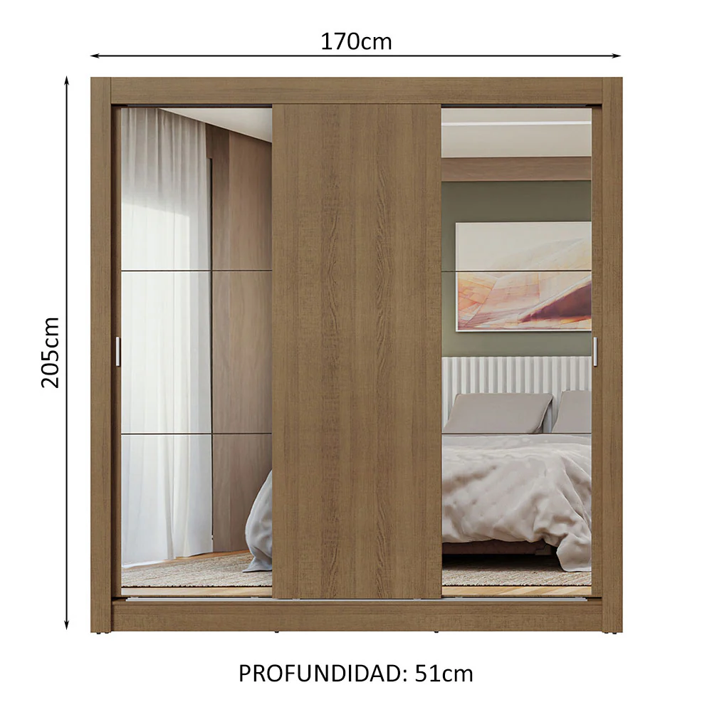 Placard Matrimonial 3 Puertas Corredizas con Espejos Marrón Nobre - Image 2