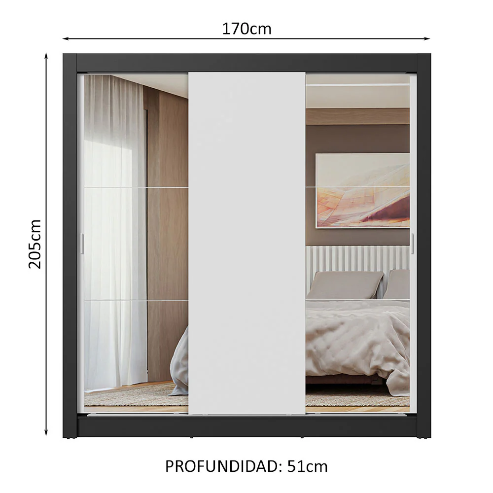 Placard Matrimonial 3 Puertas Corredizas con Espejos Negro/Blanco Nobre - Image 2
