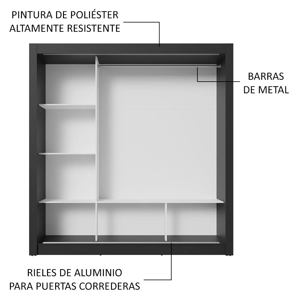 Placard Matrimonial 3 Puertas Corredizas con Espejos Negro/Blanco Nobre - Image 6