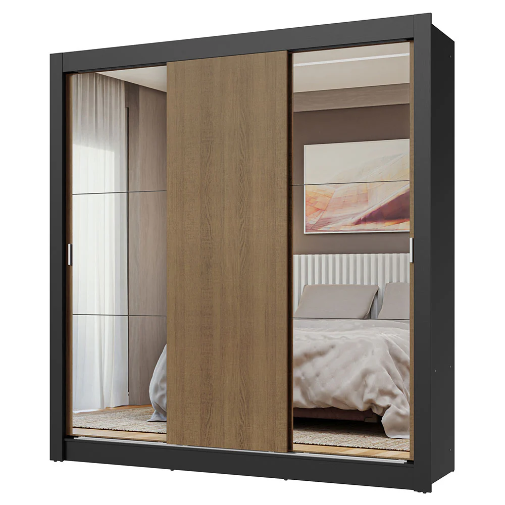Placard Matrimonial 3 Puertas Corredizas con Espejos Negro/Marrón Nobre - Image 3