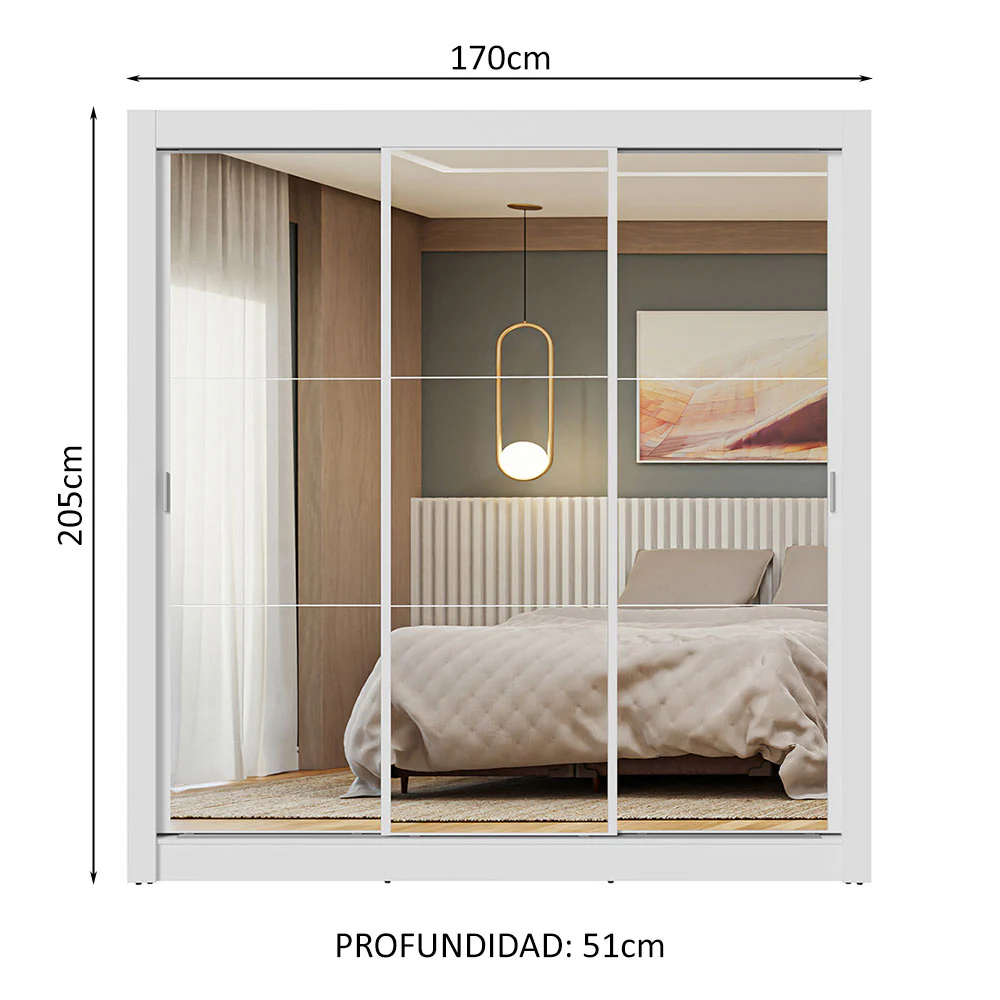 Placard Matrimonial 3 Puertas Corredizas de Espejo Blanco Nobre - Image 2